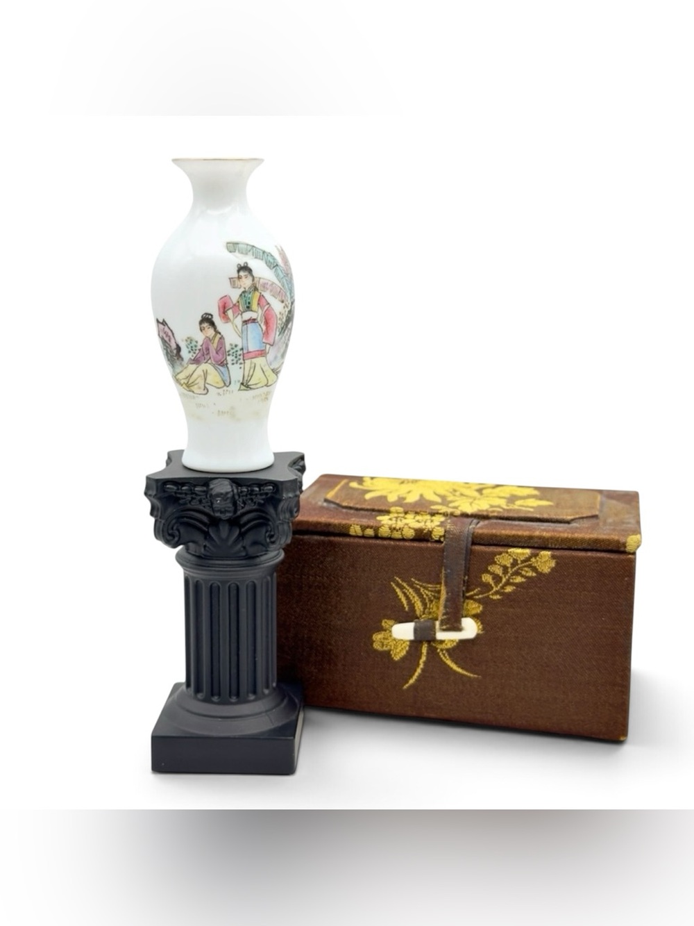 Jingdezhen Chinese Eggshell Porcelain Vase Vtg Mini With Box and Pillar Stand